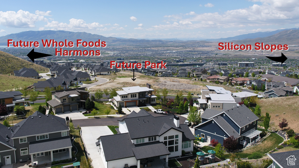 Aerial view of residential area with a mountainous background