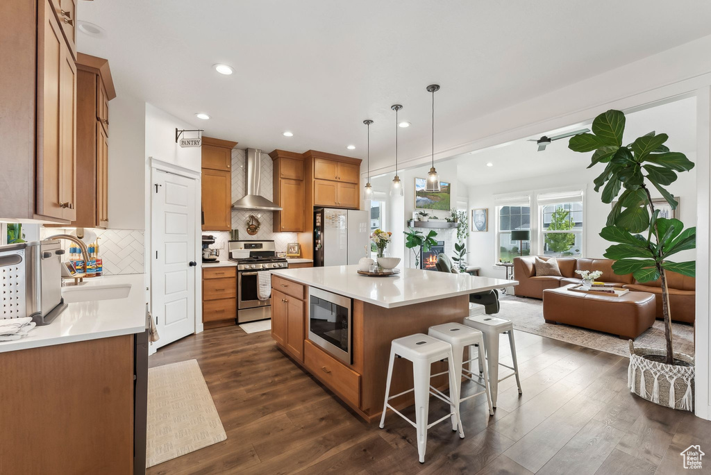 Kitchen with appliances with stainless steel finishes, wall chimney range hood, a sink, dark wood-style floors, and recessed lighting