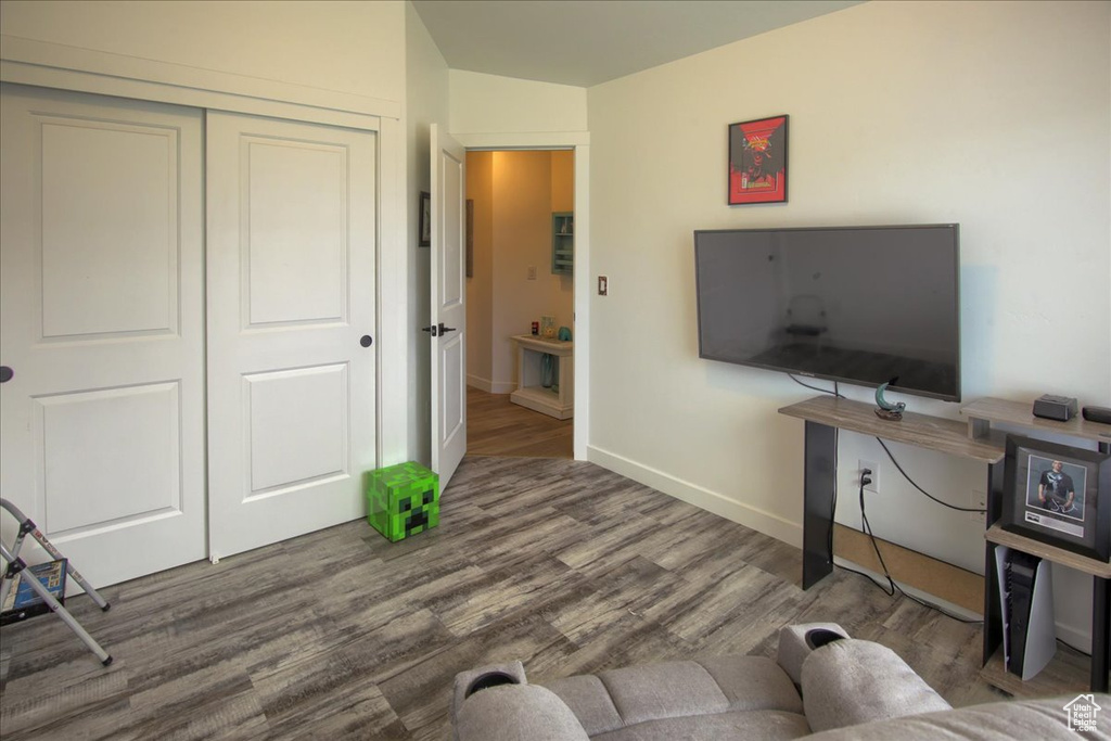 Office area featuring wood finished floors and baseboards