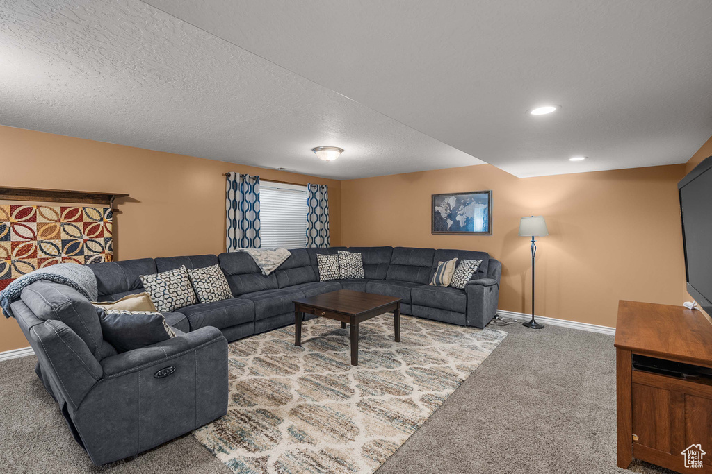 Living area featuring carpet flooring, baseboards, and recessed lighting