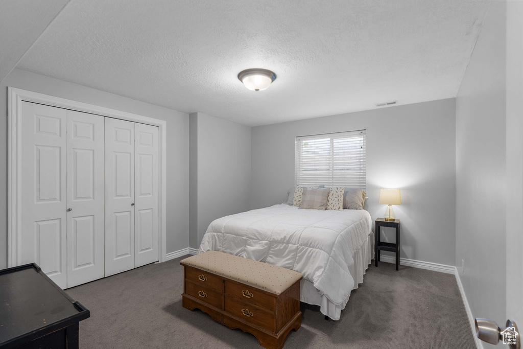 Bedroom featuring carpet floors, baseboards, a closet, and a textured ceiling