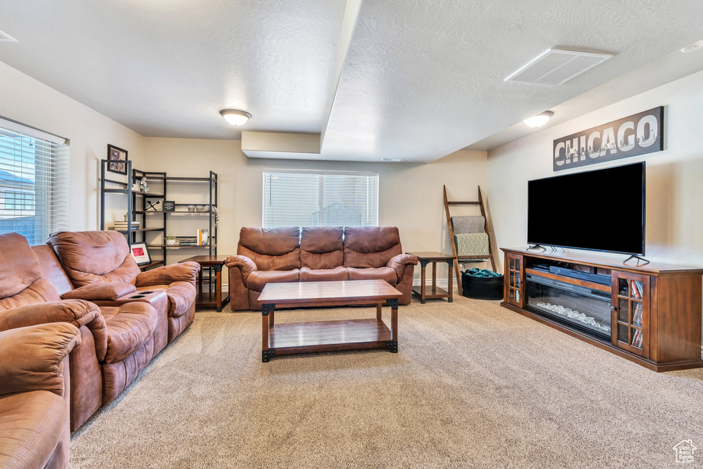 Living area featuring carpet and a textured ceiling
