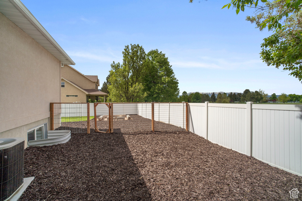 Fenced backyard featuring central AC