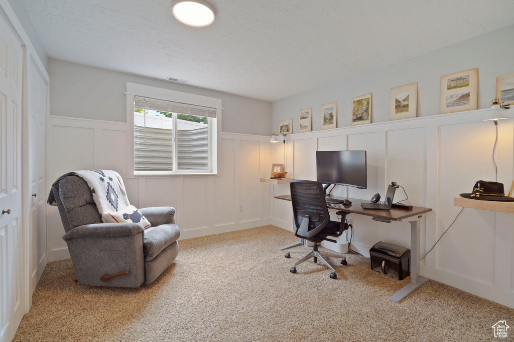 Carpeted office featuring a decorative wall and wainscoting