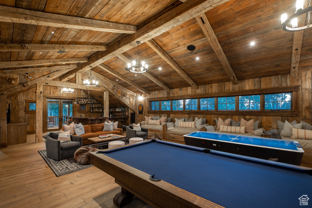 Playroom featuring wood ceiling, wooden walls, wood-type flooring, a chandelier, and pool table