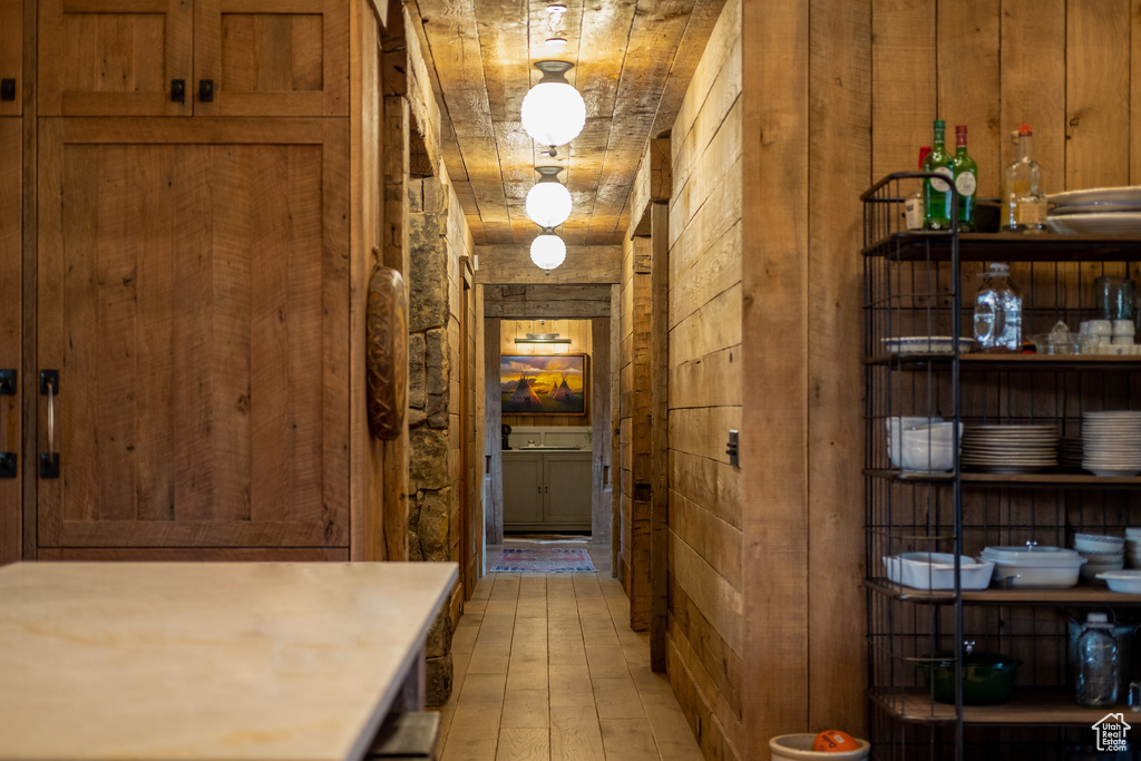 Hall with wood walls