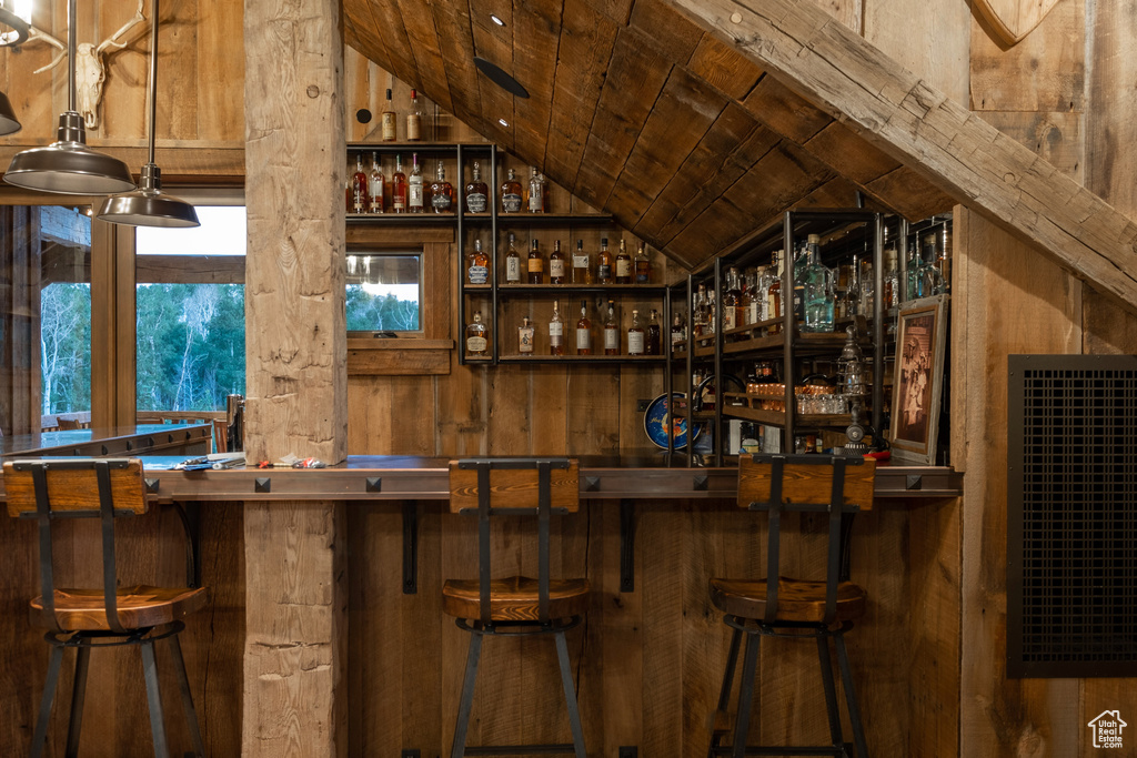 Indoor bar with lofted ceiling and wooden ceiling