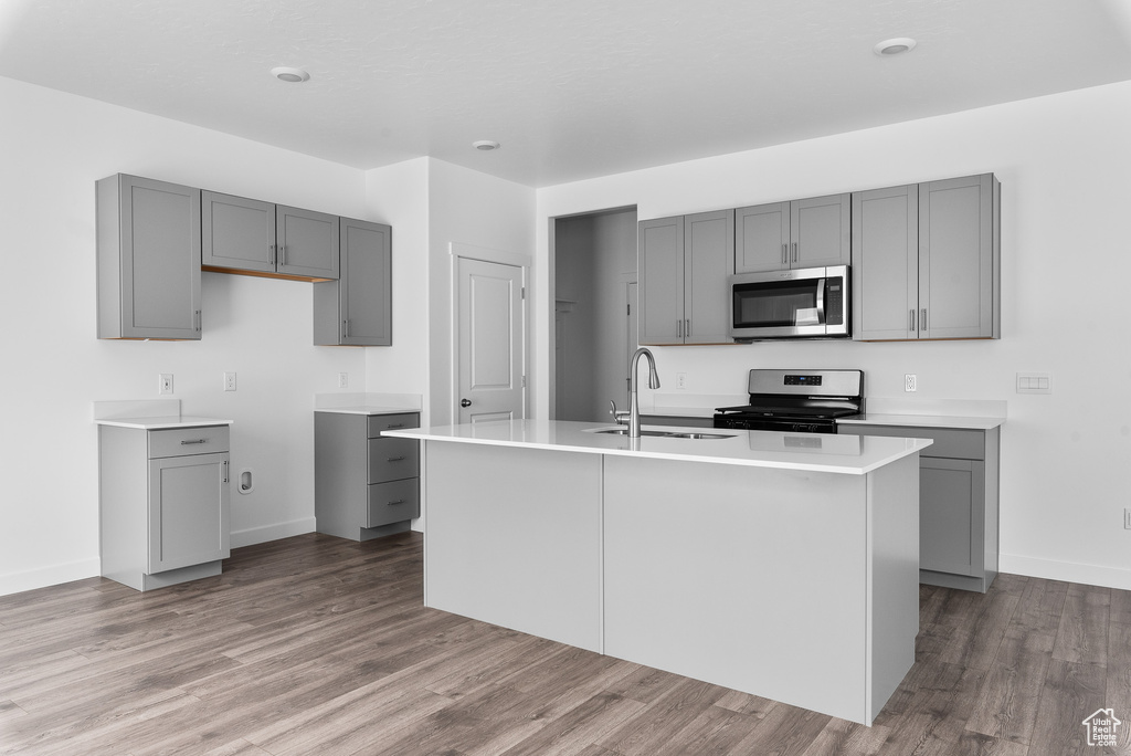 Kitchen with appliances with stainless steel finishes, gray cabinetry, a sink, and wood finished floors