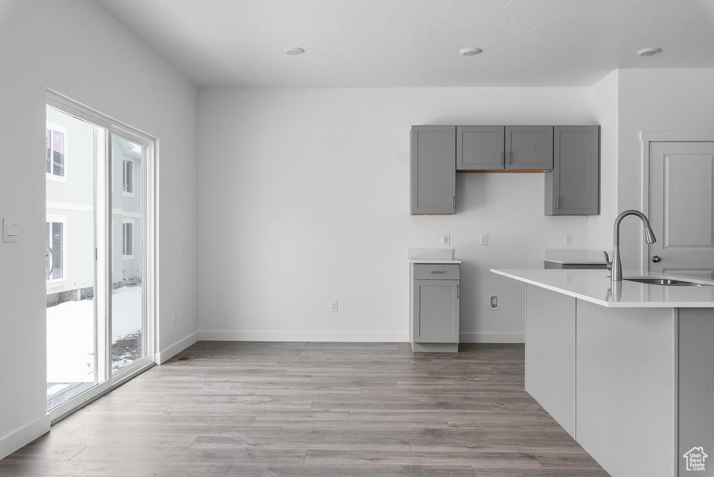 Kitchen with gray cabinetry, a sink, light wood-style floors, and baseboards