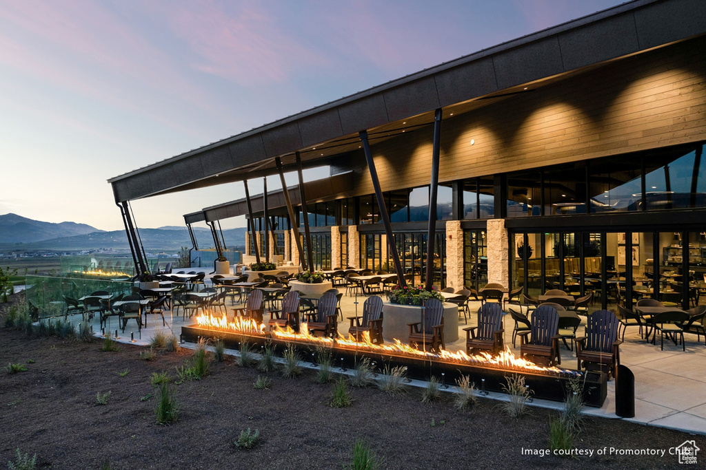 View of patio featuring a mountain view