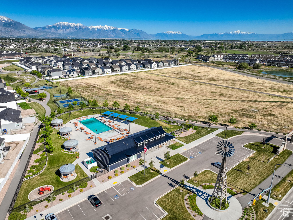 Aerial view of mountains and a pool