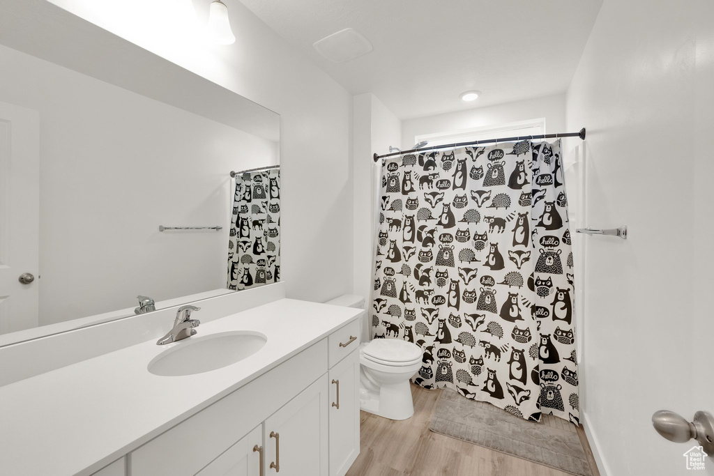 Full bath featuring vanity, wood finished floors, toilet, and curtained shower