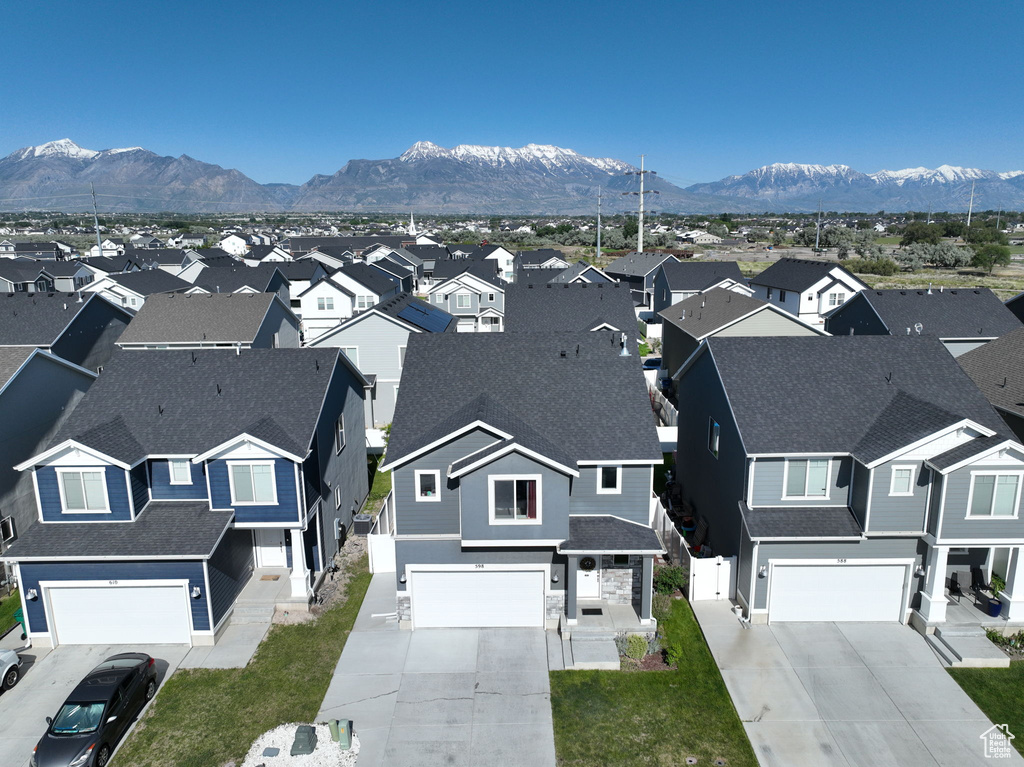 Aerial perspective of suburban area featuring mountains