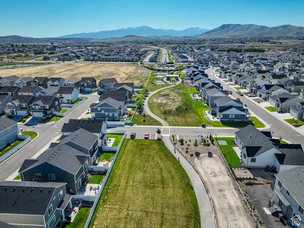 Aerial view of residential area with mountains