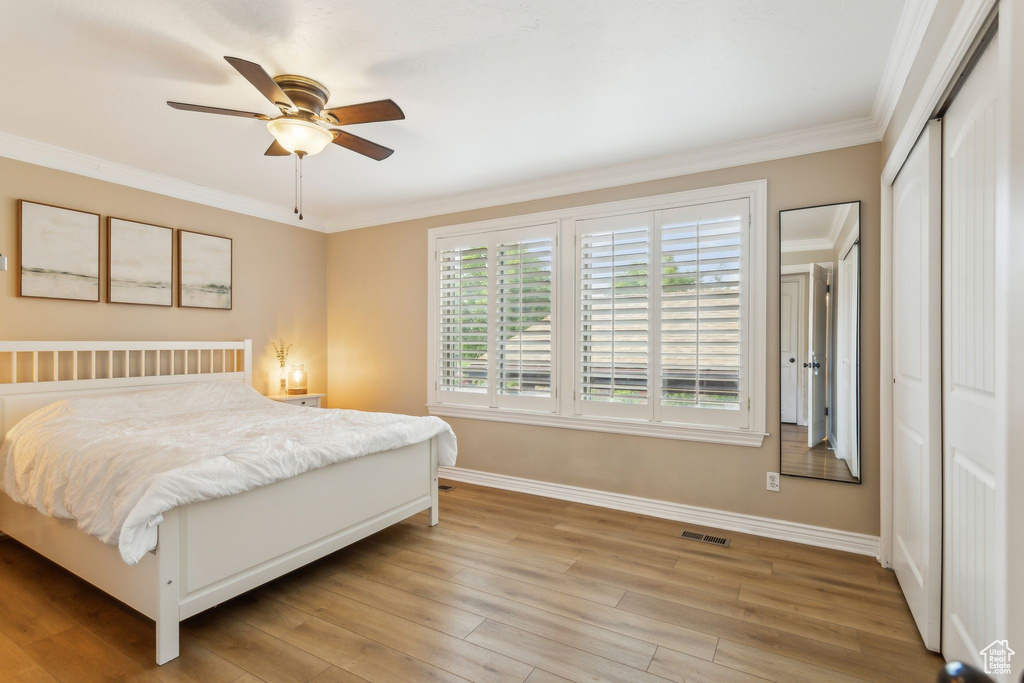 Bedroom with baseboards, crown molding, light wood-type flooring, a closet, and ceiling fan