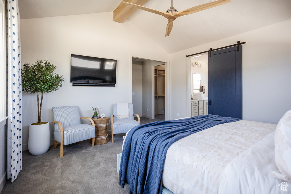 Bedroom featuring carpet flooring, a barn door, a closet, a walk in closet, and a ceiling fan