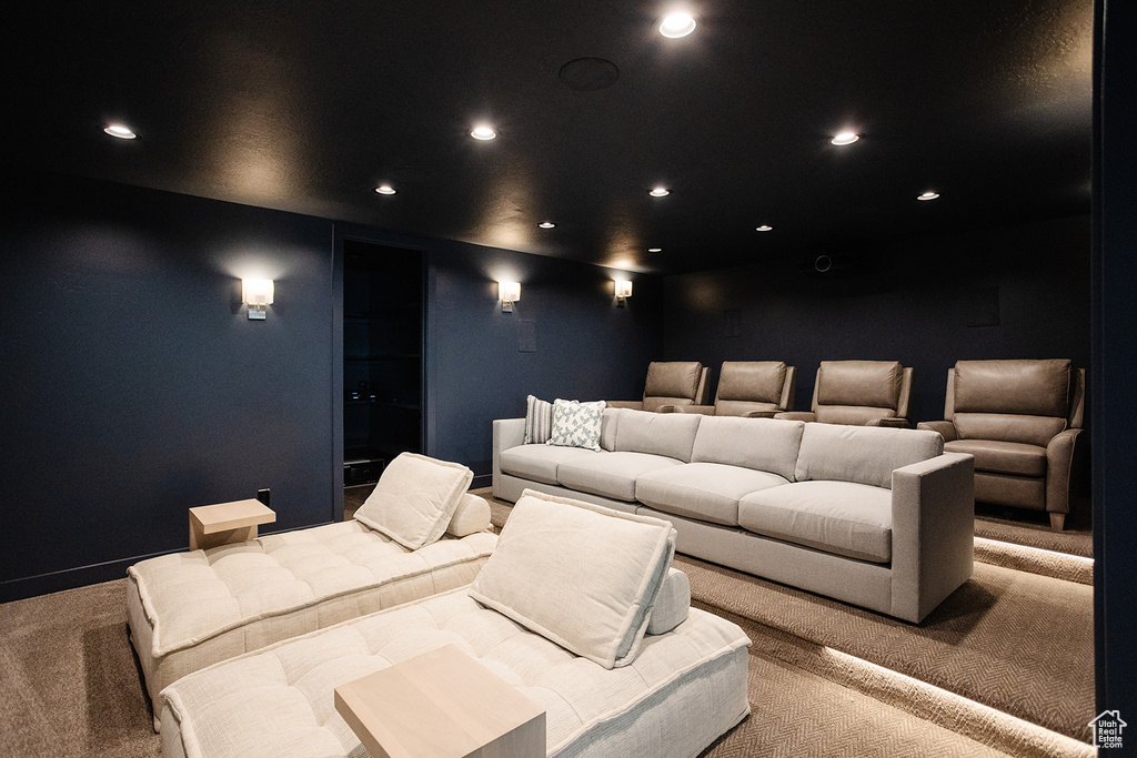 Home theater featuring carpet and recessed lighting