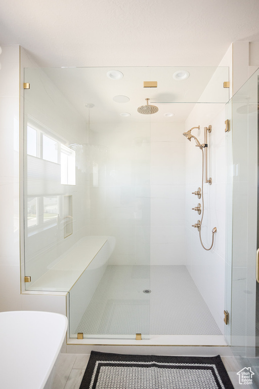 Bathroom with a shower stall and a freestanding bath