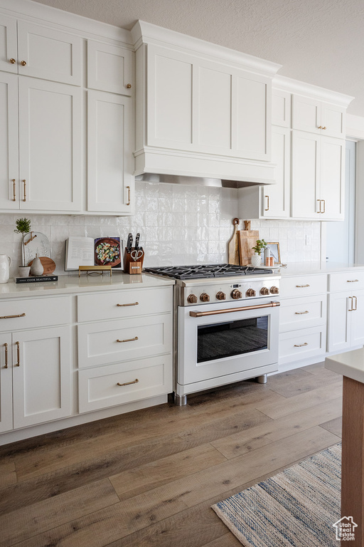 Kitchen with high end white range oven, white cabinetry, light countertops, and tasteful backsplash