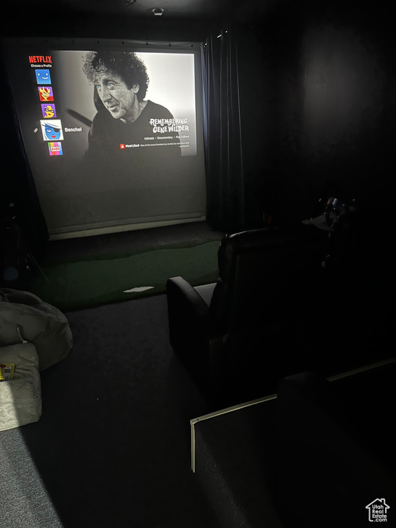 Carpeted home theater room featuring golf simulator