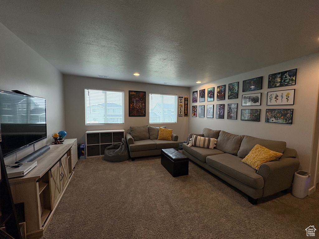 Carpeted living area with recessed lighting and a textured ceiling