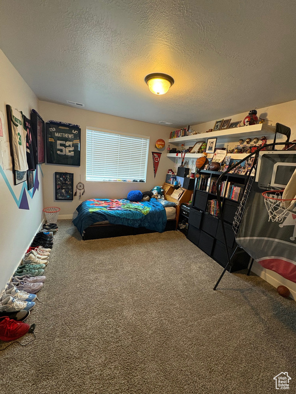 Carpeted bedroom with a textured ceiling