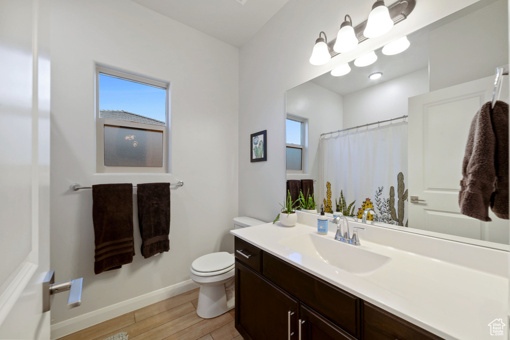 Bathroom featuring toilet, vanity, wood finished floors, baseboards, and a shower with curtain