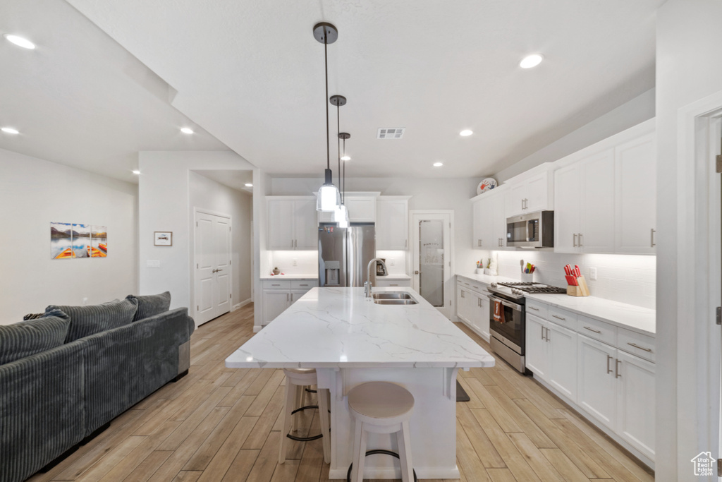 Kitchen with appliances with stainless steel finishes, a sink, light wood-style flooring, open floor plan, and recessed lighting