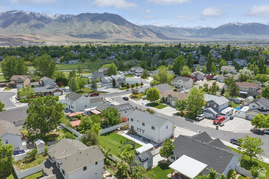 Aerial view of residential area with mountains