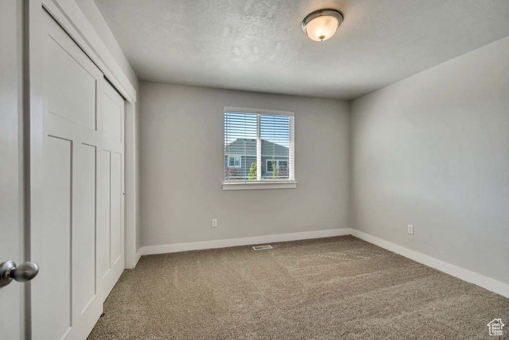 Unfurnished bedroom with carpet floors, baseboards, a closet, and a textured ceiling
