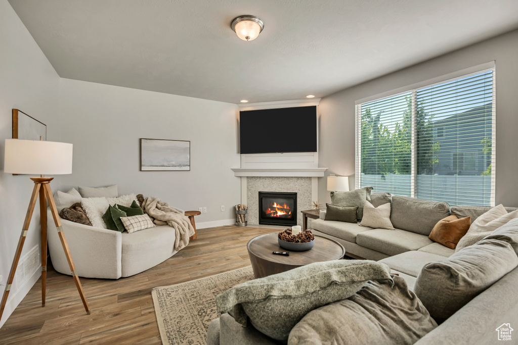 Living room featuring baseboards, a glass covered fireplace, and wood finished floors