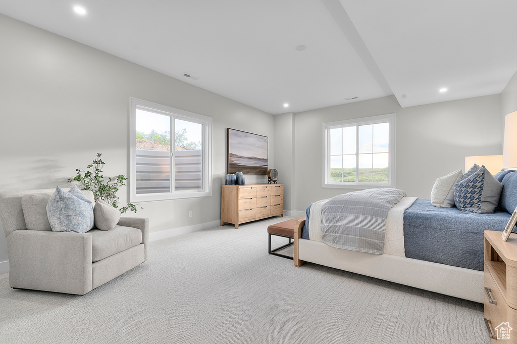 Bedroom with baseboards, carpet flooring, and recessed lighting