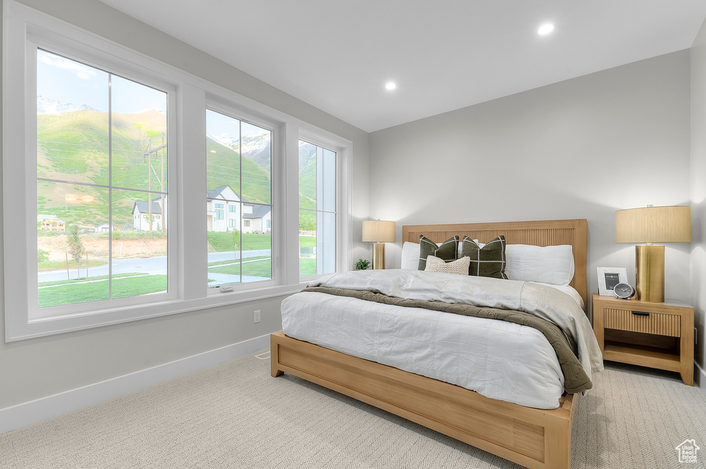 Carpeted bedroom featuring baseboards and recessed lighting