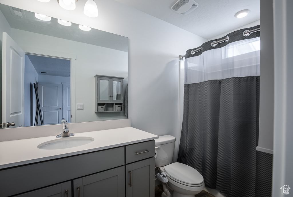 Bathroom with toilet, vanity, and a shower with shower curtain
