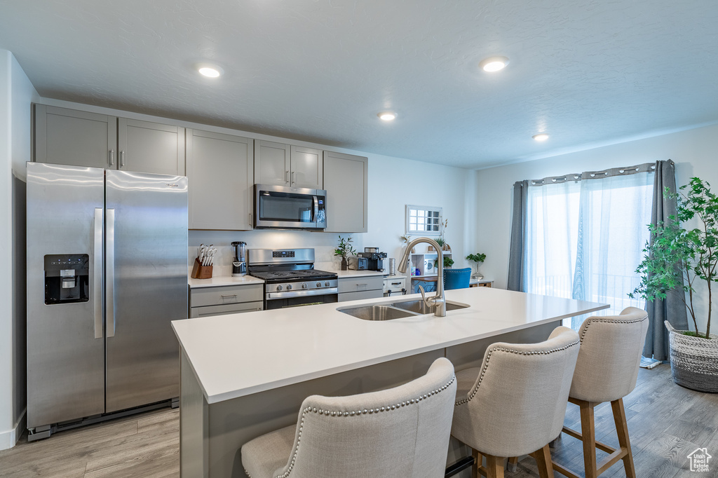 Kitchen with appliances with stainless steel finishes, a sink, gray cabinetry, light wood-type flooring, and recessed lighting