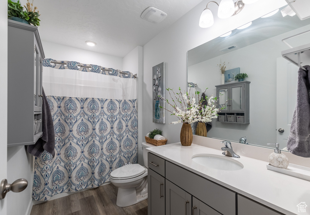 Bathroom with wood finished floors, toilet, vanity, and a shower with curtain