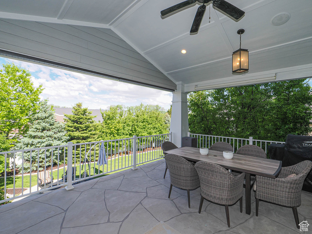 View of patio / terrace featuring ceiling fan and outdoor dining space