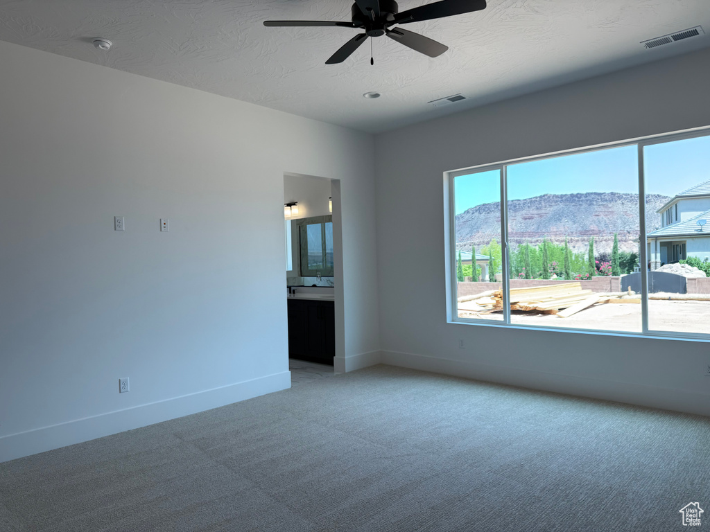 Spare room with light colored carpet, a mountain view, ceiling fan, and a smoke detector