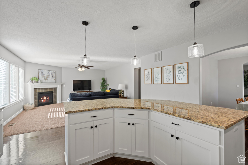 Kitchen featuring dark wood-style floors, open floor plan, a textured ceiling, a ceiling fan, and white cabinetry