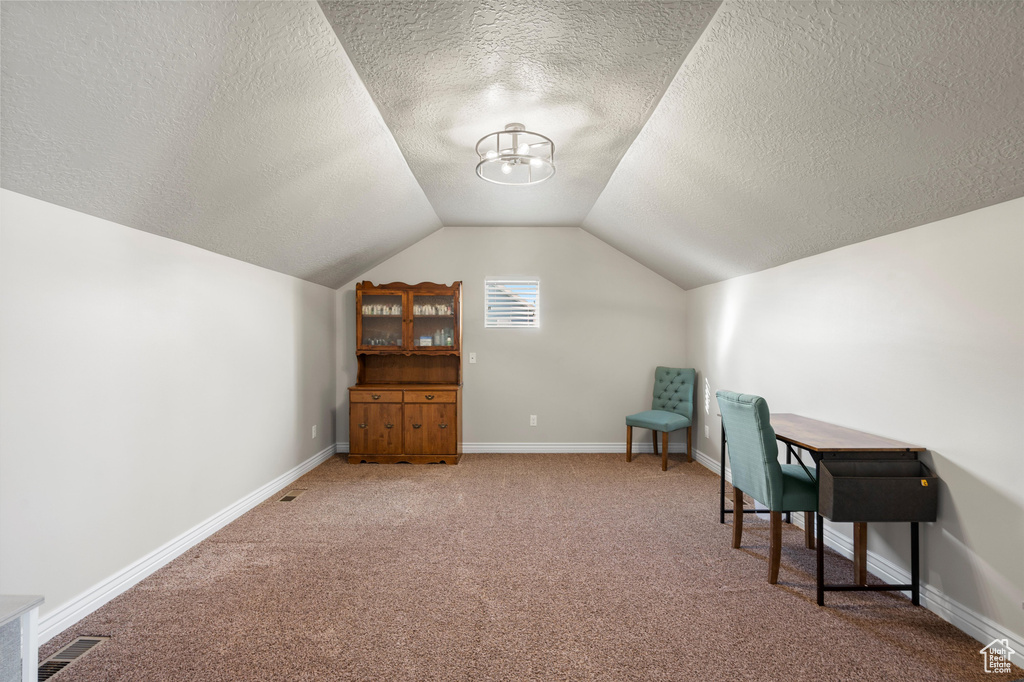 Office with a textured ceiling, carpet flooring, lofted ceiling, and baseboards