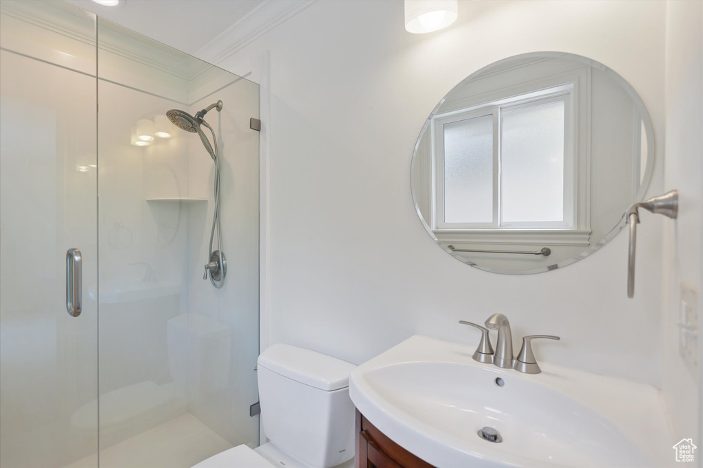 Bathroom featuring a shower stall, toilet, and vanity