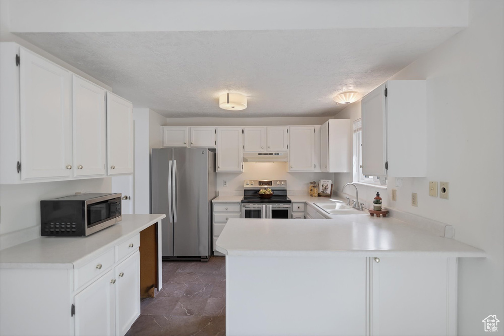 Kitchen with stainless steel appliances, a sink, under cabinet range hood, and white cabinets