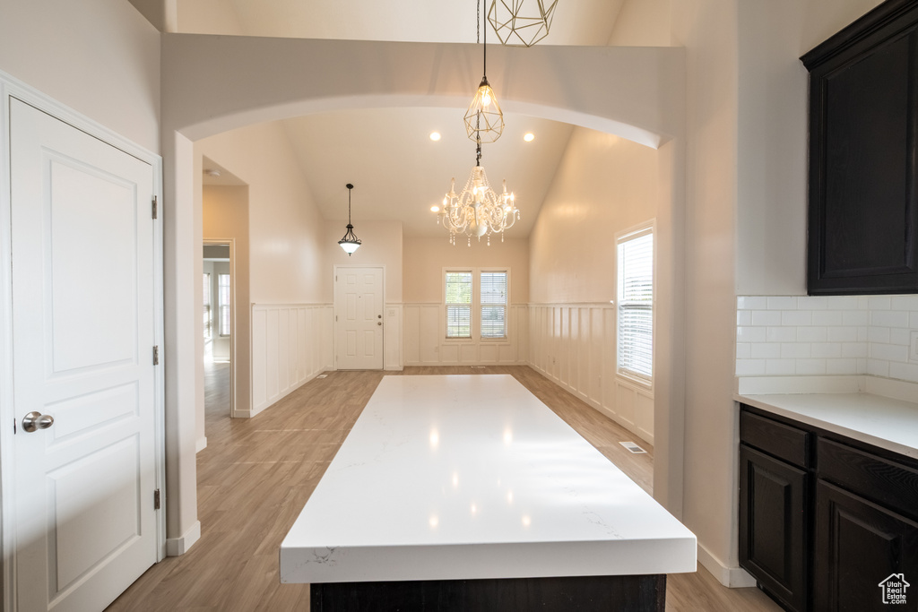 Kitchen with a wainscoted wall, arched walkways, dark cabinets, light wood-type flooring, and lofted ceiling