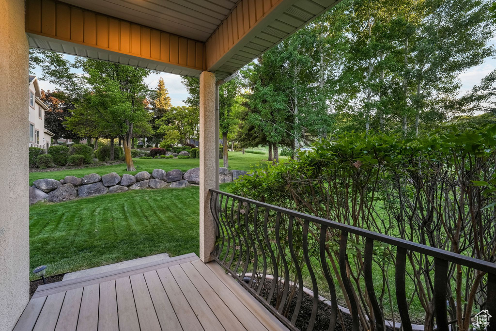Wooden terrace with a lawn