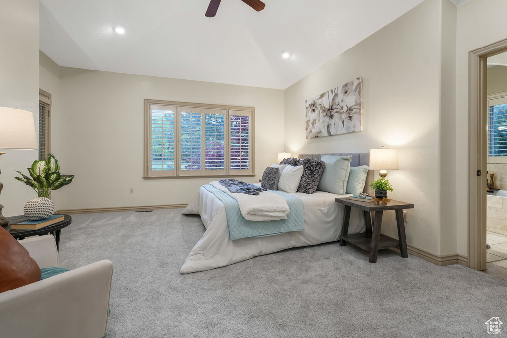 Bedroom with carpet floors, lofted ceiling, a ceiling fan, baseboards, and recessed lighting