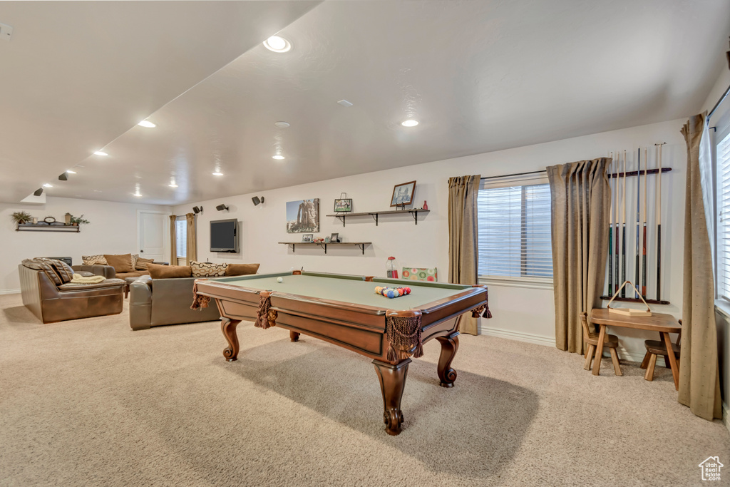 Recreation room with carpet flooring, pool table, recessed lighting, and baseboards