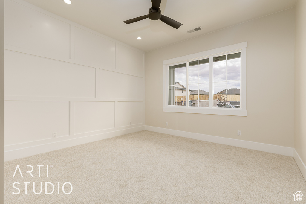 Unfurnished room with carpet, ceiling fan, recessed lighting, and baseboards