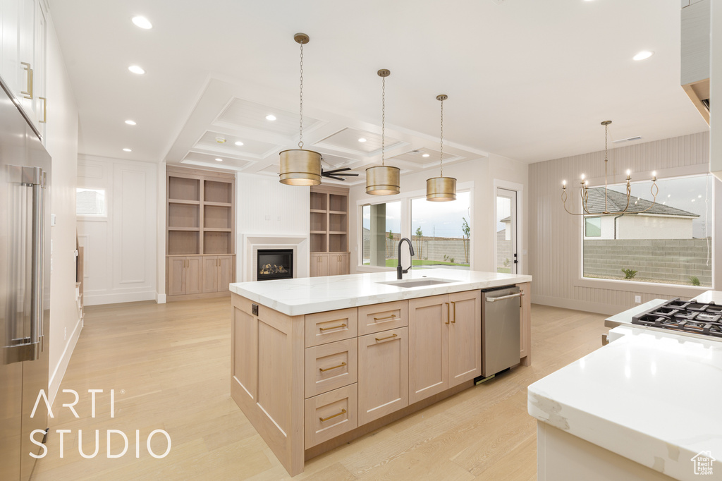 Kitchen with a sink, an island with sink, light wood-type flooring, recessed lighting, and open floor plan