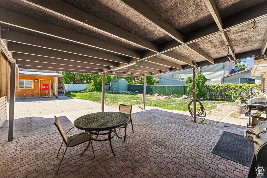 Fenced backyard featuring a patio