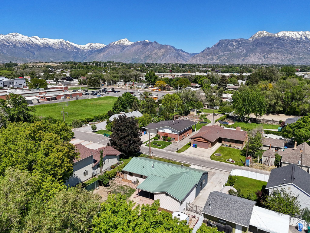 Aerial perspective of suburban area with mountains